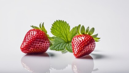 Three strawberries and a leaf of mint on a white background