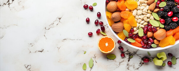 Top view photo of mix of fresh fruit and nuts in a bowl on white background, free space for text, copy space, healthy food concept. - Powered by Adobe