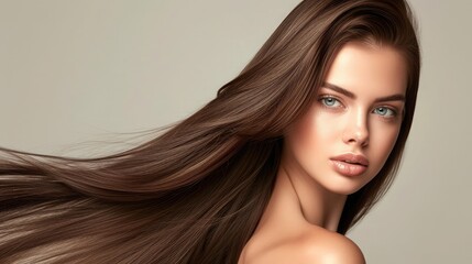 Beautiful model girl with shiny brown straight long hair Care