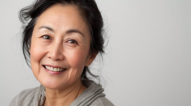 Beautiful Mature Asian Woman Smiles Broadly In Studio. Right Side Tonned Closed-Up Portrait. White Background.