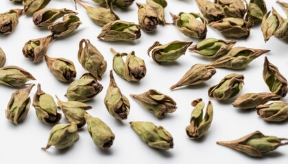 A white background with a bunch of green pods