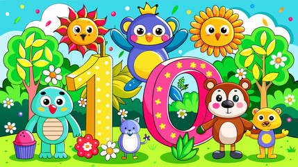 Colorful cartoon animals in a sunlit meadow with alphabet letters