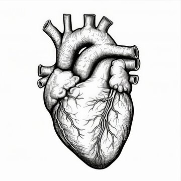 Detailed Human Heart Illustration, outline drawing on white