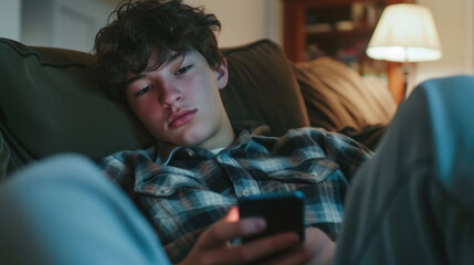 Fototapeta premium Serious teenager typing text messages on his smartphone while lying on a couch at home
