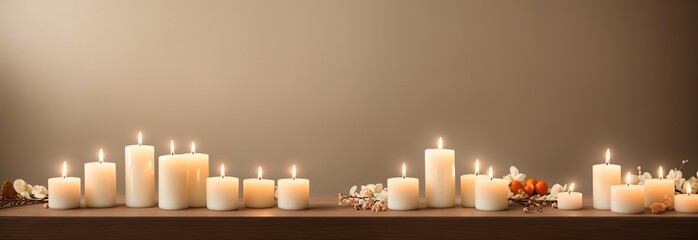 Burning scented candles for relax on wooden tableGenerative AI.