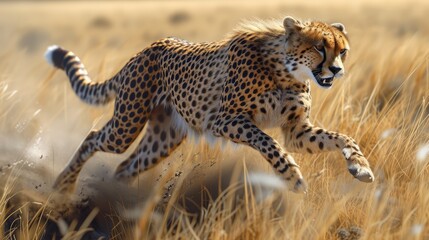 A cheetah is running and jumping in the African savannah background