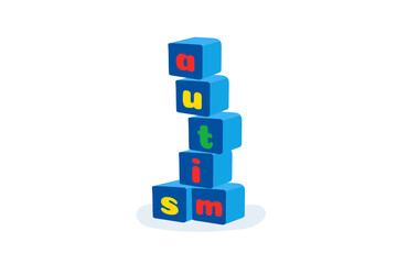 Cubes tower with letters autism Vector illustration Isolated in cartoon. World Autism Awareness Day.