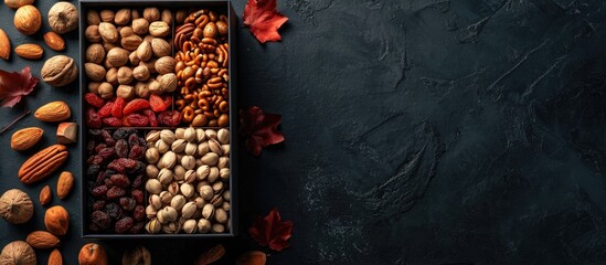 A luxury gift box with assorted nuts and dried fruits, captured vertically. - obrazy, fototapety, plakaty