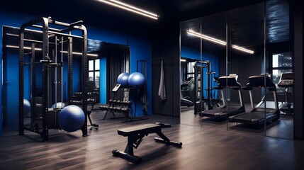 Fototapeta na wymiar A gym with rubber flooring, wall mirrors, and a variety of exercise equipment, inspiring fitness