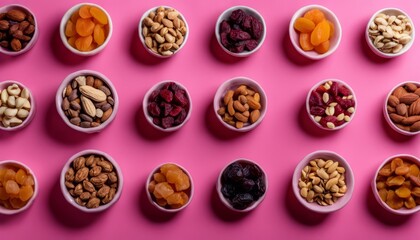 A variety of nuts and fruits in small bowls - obrazy, fototapety, plakaty