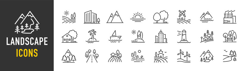 Landscape web icons in line style. Nature, landscape, forest, sea, sunset, mountain, travel, road, lake, view. Vector illustration. © iiierlok_xolms