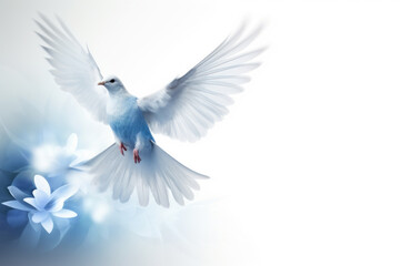 Obraz premium White dove in flight with blue flowers on a serene background.