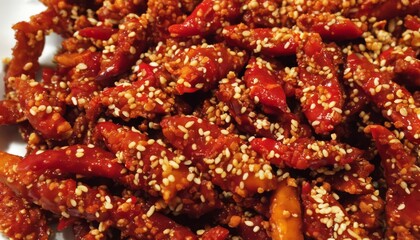 A plate of food with sesame seeds and red peppers