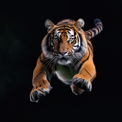 Tiger is running and jumping in solid black background