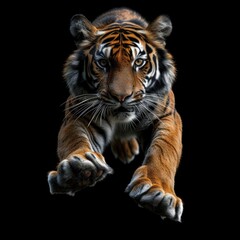 Fototapeta premium Tiger is running and jumping in solid black background