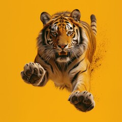 Tiger is running and jumping in solid yellow background