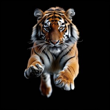 Tiger is running and jumping in solid black background