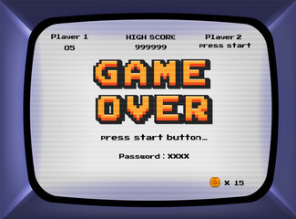 Game over on Retro arcade machine  Screen background.pixel art .8 bit game.retro game. for game assets in vector illustrations.