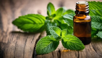 A bottle of mint oil with a green leaf on top