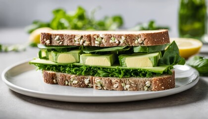 A sandwich with avocado and lettuce on a white plate