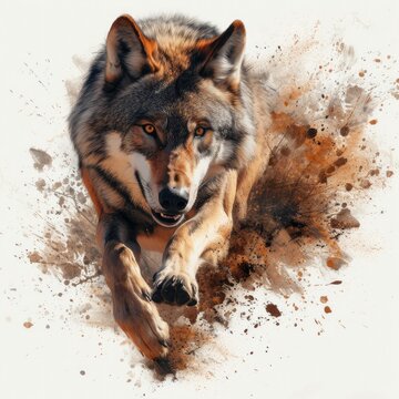 wolf is running and jumping in solid white background