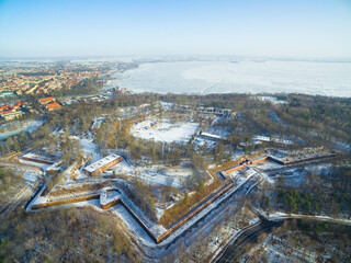 Aerial view of star shaped Boyen stronghold in Gizycko, Poland (former Loetzen, East Prussia,...