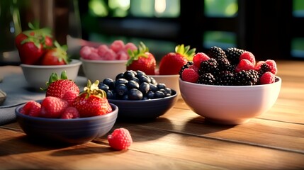 Set of Bowls of Fresh Mixed Berries and Yogurt

