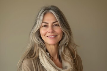 Naklejka premium AI donna dai lunghi capelli, sorriso felice 07