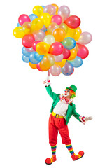 Funny clown flying with balloons. Entertainer Joker in colorful suit and wig. Buffoon with clown...
