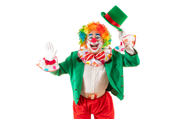 Funny clown. Entertainer Joker in colorful suit and wig. Buffoon with clown whiteface makeup. Trickster, jester, pantomime, mime. Professional actor at event, kids party, circus