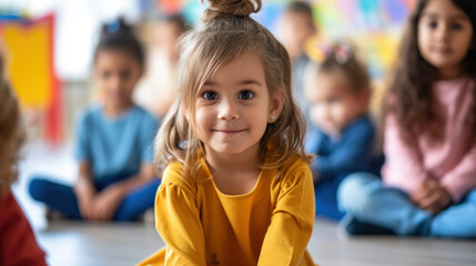 Obraz premium Cheerful little girl in yellow with classmates in background.