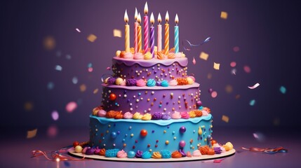 Vibrant celebration: colorful birthday cake with candles on isolated white background (png)