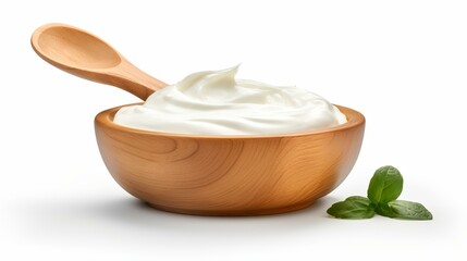 Fototapeta na wymiar Sour cream in wooden bowl and spoon, mayonnaise