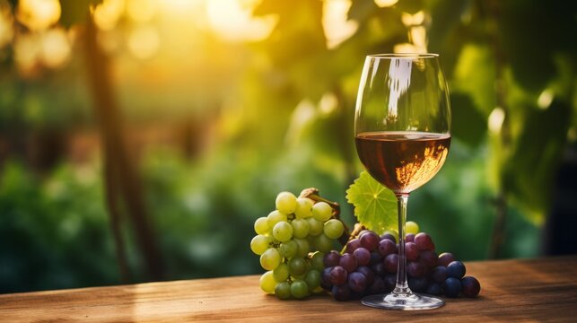 A glass of delicious wine and a bunch of green and red grapes on a blurred background of a vineyard, beautiful nature on a sunny day. Agriculture, Harvest, Business and industry concepts. Copy space
