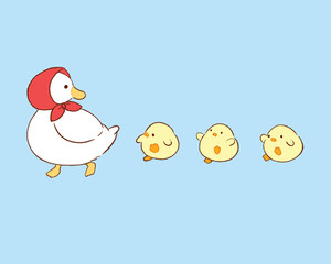 Illustration of a family of cute ducks isolated on the blue background