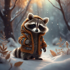 There was the most adorable fluffy baby raccoon with a ginger-colored coat, all dressed up in warm attire. This sweet little critter was the epitome of cuteness, capturing the hearts of anyone who lai