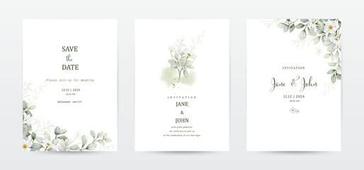 Set of invitation template cards with botanical and watercolor stains - obrazy, fototapety, plakaty