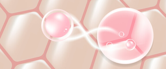 Hyaluronic acid hair and skin solutions ad, pink collagen serum drops into skin cells with cosmetic advertising background ready to use, illustration vector.	