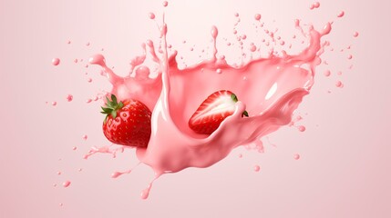 Strawberry yogurt or milk in a glass splashes

