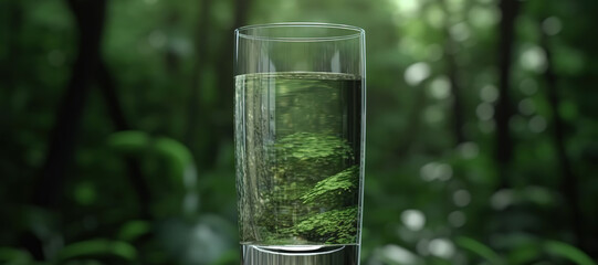 fresh clear mineral water in a glass with forest background 59