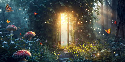 Fantasy enchanted fairy tale forest with magical