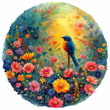 Watercolor Painting of Vibrant Flower Field and Inquisitive Quetzal Generative AI © Alex