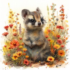 Watercolor Painting of Vibrant Flower Field and Inquisitive Quoll Generative AI