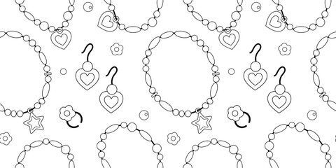 Beads bracelets, ring, earrings black and white.Cartoon bracelets seamless pattern in black and white. Children's plastic jewelry on wrist. Retro bracelets pattern on white background. - obrazy, fototapety, plakaty