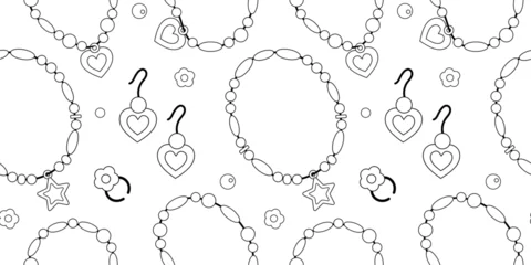 Poster Beads bracelets, ring, earrings black and white.Cartoon bracelets seamless pattern in black and white. Children's plastic jewelry on wrist. Retro bracelets pattern on white background. © Mariia