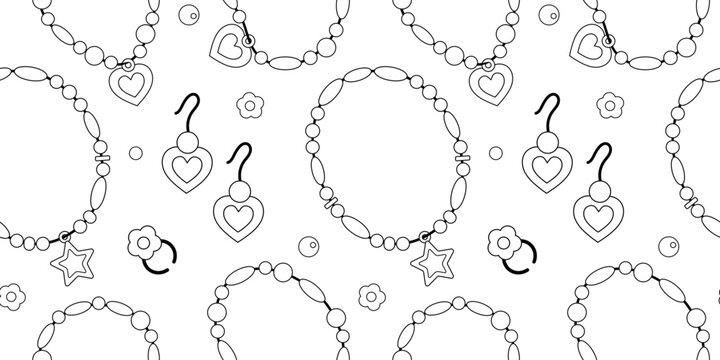 Beads bracelets, ring, earrings black and white.Cartoon bracelets seamless pattern in black and white. Children's plastic jewelry on wrist. Retro bracelets pattern on white background.