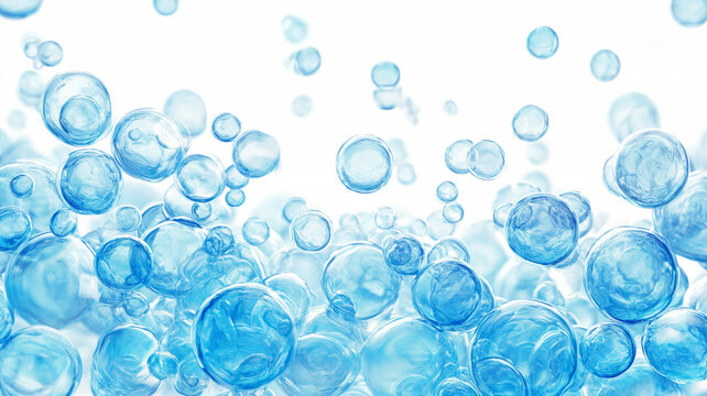 Blue Water Droplets and Bubbles Floating in Clear Liquid