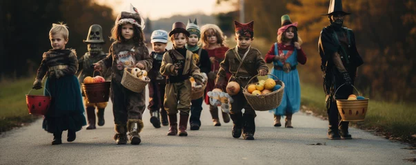 Foto auf Leinwand Children in halloween costumes with candy buckets. Halloween concept. © Filip