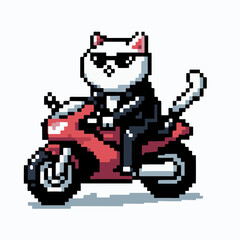 Cat riding a motorbike in pixel art style