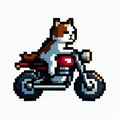 Fototapeta premium Cat riding a motorbike in pixel art style